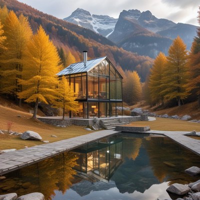 Modern glass house in autumn scenery near mountains