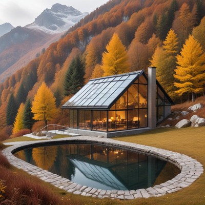 Modern glass house in autumn mountain landscape