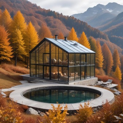 Glass house nestled in autumnal forest landscape