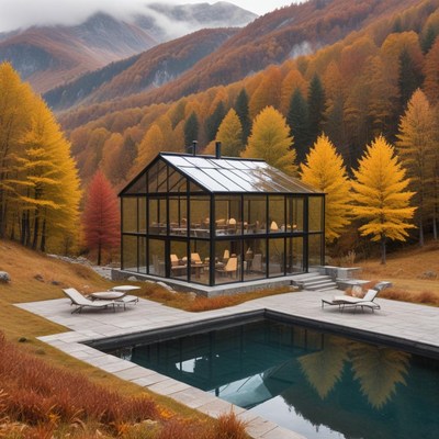 Modern glass house surrounded by autumn landscape