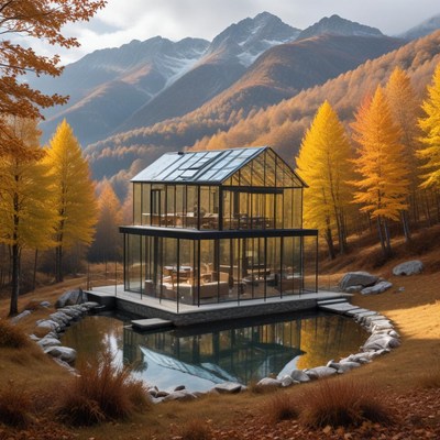 Glass house amid autumn trees in the mountains