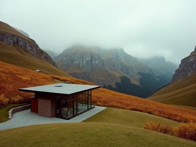 Mountain retreat surrounded by autumn landscapes and clouds