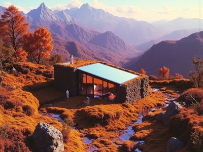 Modern house blends with autumn landscape near mountains