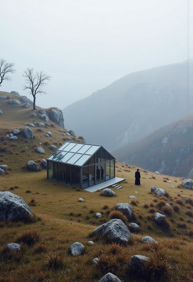 Misty glass house in serene mountain setting