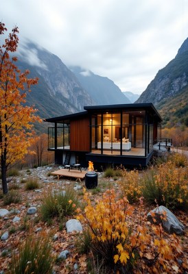 Modern mountain cabin with scenic autumn landscape