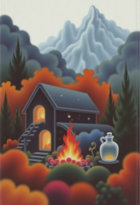 Cozy cabin by a campfire in a colorful landscape