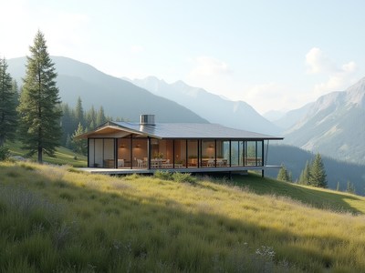 Modern cabin nestled in mountains during sunny afternoon