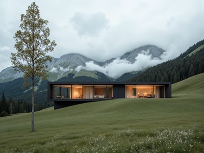 Modern house nestled in tranquil mountain landscape