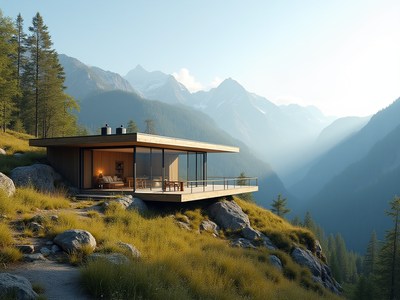 Modern cabin overlooking mountain valley at sunrise