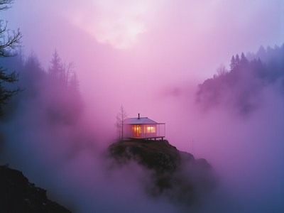 Cozy cabin surrounded by fog at twilight