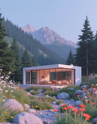 Charming cabin in tranquil mountain flower landscape
