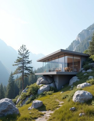 Modern house overlooks mountains and trees in nature