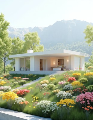 Bright modern house surrounded by colorful flowers in nature
