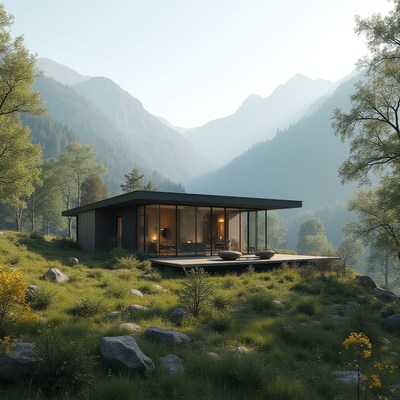 Modern house nestled in serene mountain landscape