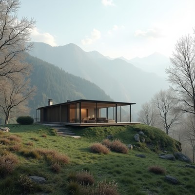 Modern house located in a serene mountainous landscape
