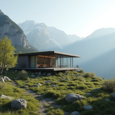 Modern house nestled in scenic mountain landscape