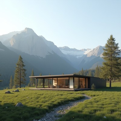 Modern cabin in serene mountain landscape at sunset