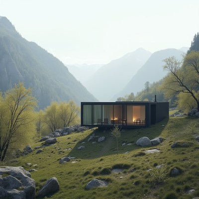 Modern house in serene mountain landscape at dusk