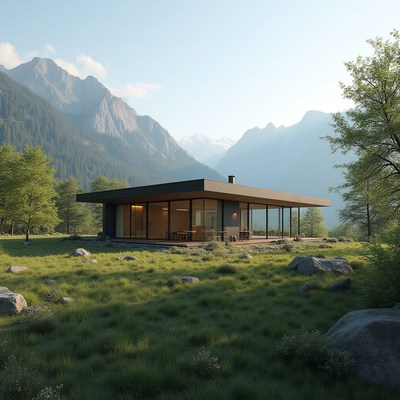 Modern cabin surrounded by mountains in early morning light