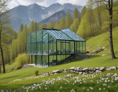 Contemporary glass house in a serene mountain setting