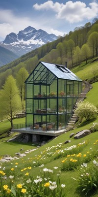 Modern glass house set in a lush mountain landscape