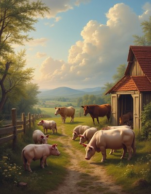 Cows grazing peacefully near a rustic barn at sunset