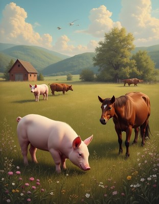 Farm animals grazing in a sunny meadow landscape