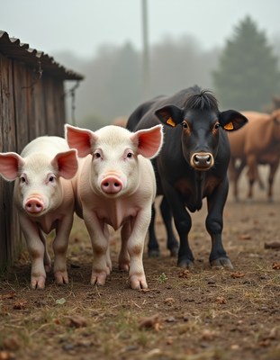 Farm animals gather near the barn during morning fog
