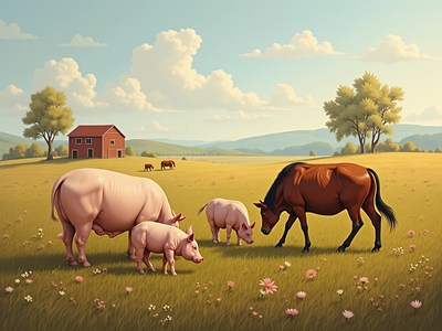 Farm animals grazing in a lush green field
