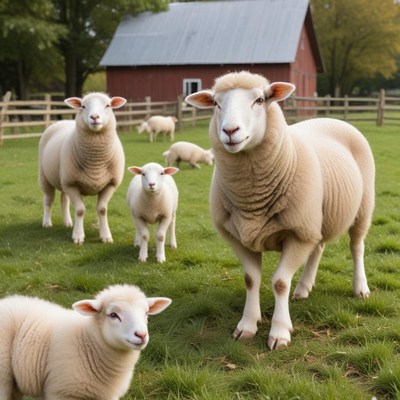 Farm scene with sheep in a green pasture near a barn