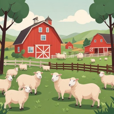 Farm landscape with sheep grazing near red barns