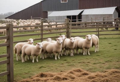 Sheep gathered near barn on a cloudy day in farmyard