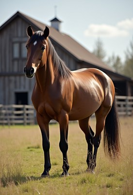 Majestic brown horse posed in sunny field near barn