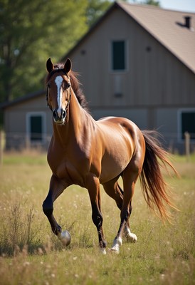 Horse galloping in a grassy field near a barn