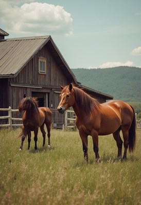Horses grazing near a rustic barn on a sunny day