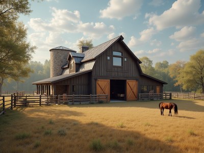 Rustic barn with a horse in a serene countryside setting