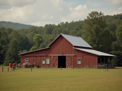 Red barn surrounded by green trees in rural landscape