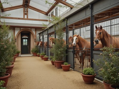 Horses in an elegant stable with lush greenery