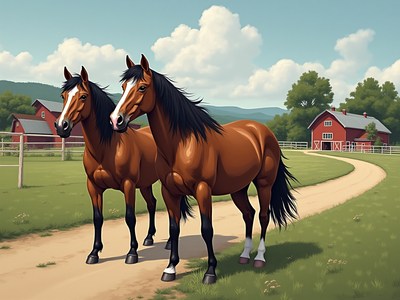 Horses standing on a farm road in a rural landscape