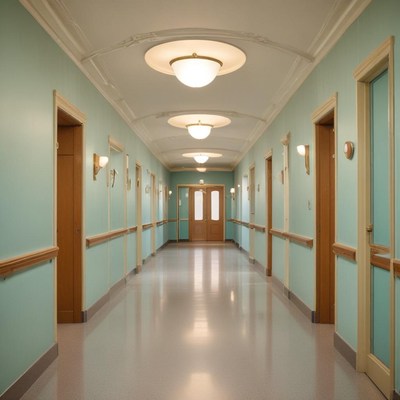 Brightly lit hallway in a modern building setting