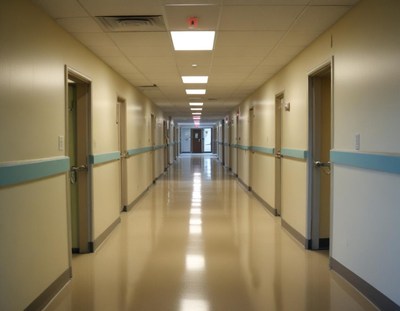 Quiet hospital corridor with well-lit walls and floors