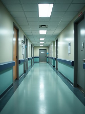 Long corridor in a modern hospital with bright lighting
