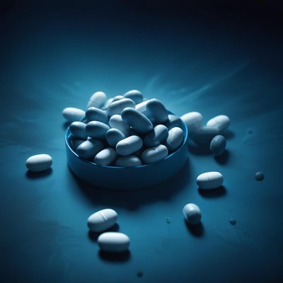 White pills overflowing from a small blue bowl