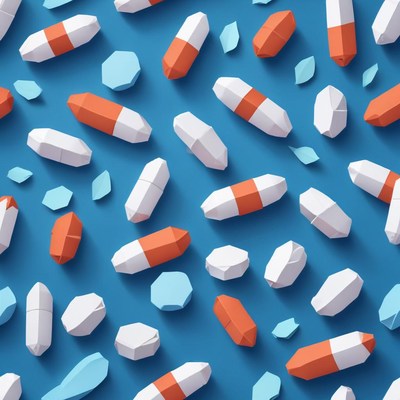 Pattern of geometric pills and tablet on blue surface