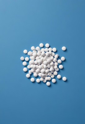 Pile of small white pills on blue background