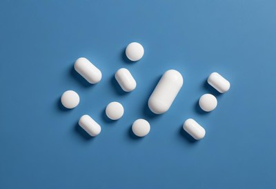 White pills and capsules on blue background