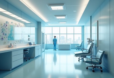 Doctor stands in bright hospital room looking at city