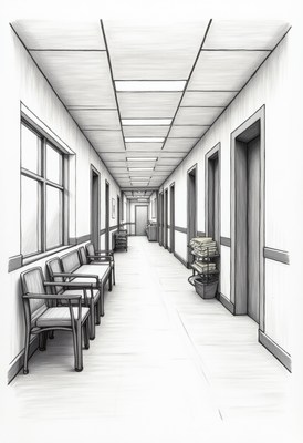 Empty hospital hallway with waiting benches
