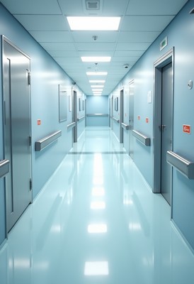 Hospital corridor with blue walls and doors