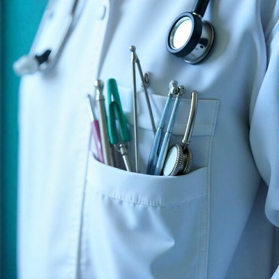 Medical tools in white coat pocket during examination